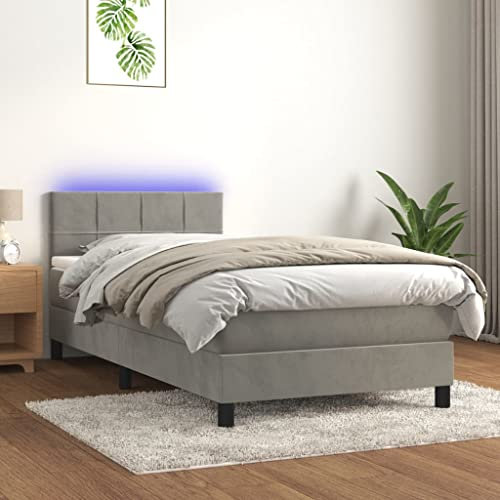 ULUYYUC Boxspringbett, Palettenbett Doppelbett/Einzelbett Familienbett Bettgestell Geeignet für Zimmer Mieten Schlafzimmer Wohnzimmer Arbeitszimmer mit Matratze & LED Hellgrau 80x200 cm Samt
