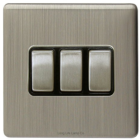 Light Switch 3 Gang 2 Way Gloss Brushed Chrome Wall Switch Screwless Finish N306DME