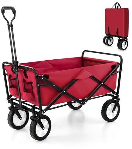 COSTWAY Folding Trolley Cart, Collapsible Garden Festival Wagon with 2 Cup Holders and Adjustable Handle, Outdoor Transport Pull Along Carts for Camping Beach Shopping Sporting Events (Red)
