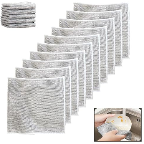 10 PCS Multipurpose Wire Dishwashing Rag for Wet and Dry,Non-Scratch Wire Dishcloth,Scrubbing Wire Dishwashing Rags,Time-Saver Kitchen Wipes Cleaning Cloths (Monolayer)