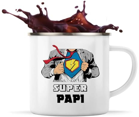 Planetee Tasse métallique Super Papi | Mug Émaillé Métal Timbale Camping et Randonnée Famille Papi Grand-Père Cadeau Noël Anniversaire Homme