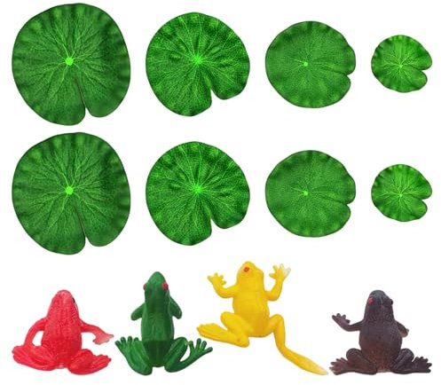 HDGSAFD 8 Hojas De Loto Simuladas, 4 Ranas Decorativas, Hojas De Loto Flotantes, Hojas De Loto Colocadas, Adornos De Hojas De Loto para Paisajismo, Adecuadas para Decoración De Peceras Y Estanques