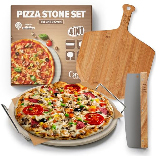 Casa Crunza Pizza Stone Set – 5 PCS Premium Cordierite Pizza Stone Set for Baking & Grilling, Complete Pizza Making Kit with Bamboo Peeling Board, Pizza Cutter, and Greaseproof Paper (ROUNDED-SET)