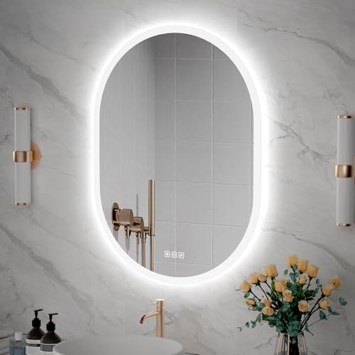Furduzz Badrumsspegel med LED-lampor, 60 x 80 cm oval LED-badrumsspegel med touch-brytare, 3-färgade dimbara lampor, horisontell/vertikal väggmontering