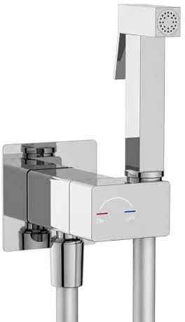 Idroscopino Per WC E Bidet In Ottone Cromato Dal Design Squadrato Completo Di Doccetta Doppia Funzione, Miscelatore Con Corpo A Incasso E Flessibile Da 120 Cm