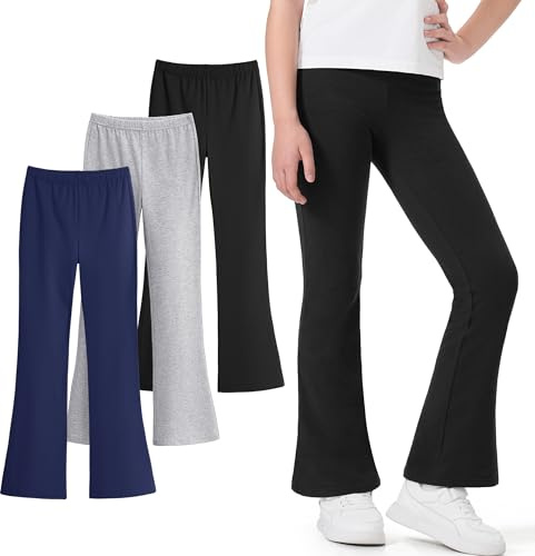 Auranso Girls Flared Leggings Kids Cotton Dance Yoga Bell Bottoms Athletic Pants, Black/Grey/Navy, 12-13 Years