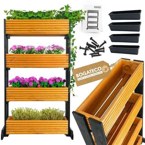 BOGATECO Set mit 4 Blumentöpfen auf einem Ständer | 4er Set Blumentopf Pflanzkübel 64x20cm | Holz Blumenkübel für Tomaten und Blumen, Pflanzentopf für Garten Balkon | 120cm Hoch
