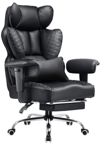 COMHOMA Big and Tall Office Chair Heavy Duty Wide Ergonomic Gaming Chair with Deluxe Embossing Designed Leather with Foot Rest,150°Reclining Adjustable Armrests Pocket Spring Back Support and Pillow