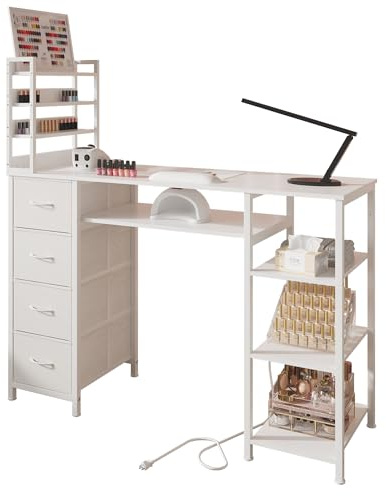 NinPeen Manicure Table Nail Desk for Nail tech with Drawers and Power Outlet,Nail Beauty Table with Storage and Open Shelves for Home,Workshop,Makeup Beauty Salon Workstation (White)