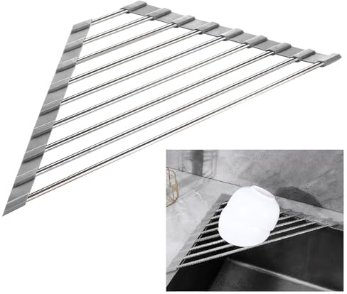 Lunaanda Escurreplatos Triangular Plegable, Acero Inoxidable, Escurridor Multifuncional para Organizador de Cocina
