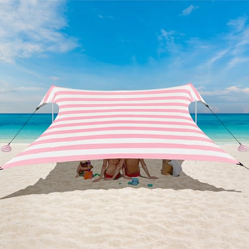 Tenda parasole da spiaggia, 3 x 3 m, con protezione UV UPF 50+, tenda da sole, portatile, con ancoraggio per sabbia e picchetti per campeggio, parco, pesca, facile da montare, strisce rosa