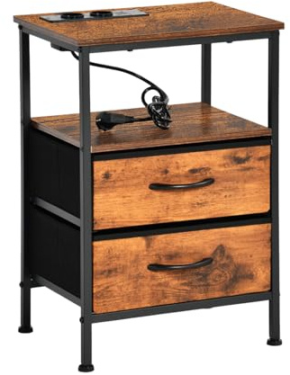 EGGREE Table de Chevet 1 Pièce avec Prises et Ports USB, Marron Vintage | Avec 2 prises, 2 ports USB, câble 1,5 m, 2 tiroirs en tissu et étagère pour chambre et salon