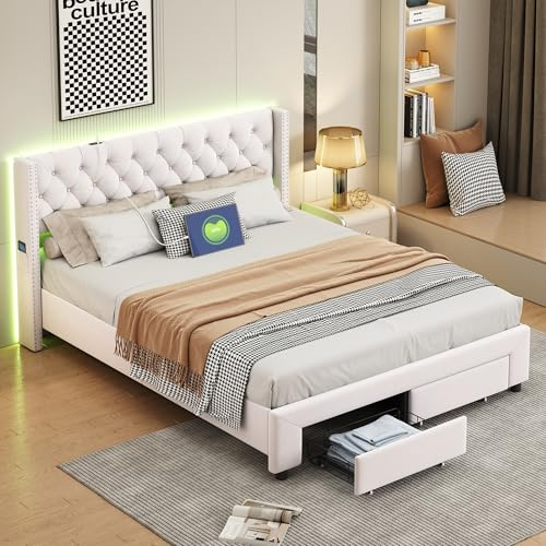 Mutuolux Polsterbett 140x190 Samt Beige mit LED Beleuchtung & USB – Bett mit 2 Schubladen, Kopfteil mit Knopfheftung & Nieten, Stauraumbett (160x200 cm)