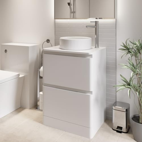 Affine® Forma 600mm Bathroom Cloakroom Vanity Unit Countertop Round Fluted Basin Sink Freestanding Storage Furniture Soft Close Drawers, White Gloss