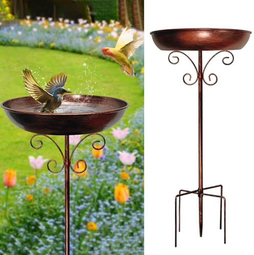 Restorgan Fågelbad för trädgården, stående fågeltränke, 35 cm i metall Vintage frittstående fågelbad med stabil 5-uddig bas, stor fågeltränke frostsäker vintertålig - liten