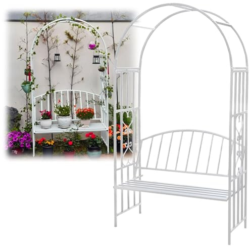 QYANPEN m Metall-Gartenbogen mit Sitzbank, Stahlbogenstütze für Kletterpflanzen, 2-Personen-Gartenlaube mit Sitz, Pergola-Spalier mit Bank für den Außenbereich als Dekoration für Rasen, Hof und Terr