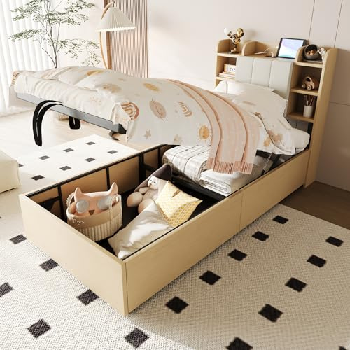 EINHOM Einzelbett 90x200 cm, Holzbett mit USB- und Tape-C-Anschluss, Stauraumbett mit Hydraulischer Stauraum, Kopfteil mit Stauraum, Jugendbett, Ohne Matratze, Holzfarbe