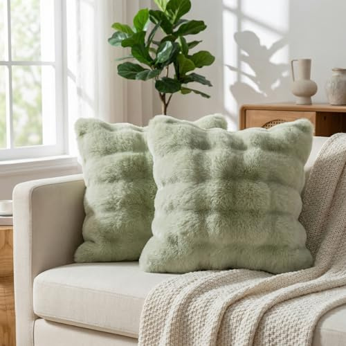 Neelvin 2er Set Decorative Kissenbezug Superweichen Plüsch Kurze Wolle Kissenhülle Luxus Zierkissenbezüge Sofakissen für Sofa Wohnzimmer Schlafzimmer 60x60cm Grüner