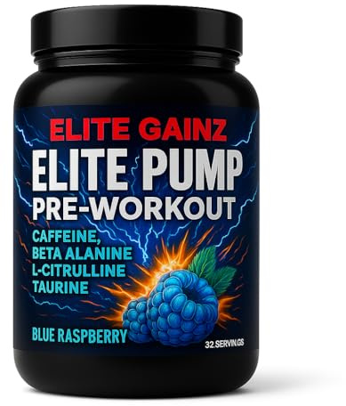 Elite Pump Pre-Workout Powder – High-Stim Energy + Extreme Muscle Pump | Caffeine, Beta-Alanine, L-Citrulline, AAKG, Taurine | Blue Raspberry | 32 Servings (Blue Raspberry)