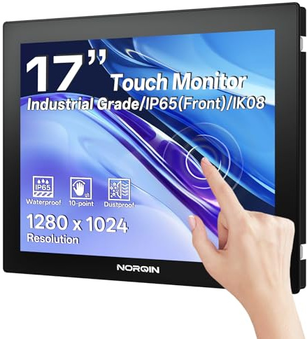 NORQIN Monitor Touchscreen Industriale 17 Pollici, IP65 Impermeabile | 1280×1024 LCD Monitor Touch,Capacitivo 10 Punti,Montaggio VESA,HDMI/VGA/DVI/USB,Schermo Robusto per Chioschi,POS & Magazzino