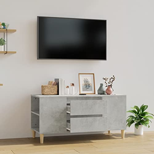 HETFTJN TV Lowboard Betongrau 102x44,5x50 cm aus Holzwerkstoff & Eukalyptus Massivholz, Modernes skandinavisches Sideboard mit 4 Fächern & 2 Schubladen, stabile TV Bank für Wohnzimmer & Flur