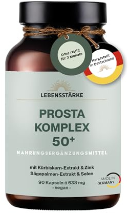 Prostata Kapseln aus Deutschland. 90 Kapseln/3 Monate - Prosta Komplex 50+ hochdosiert für den Mann. Marke LEBENSSTÄRKE. Sägepalmen-Extrakt, Zink, Selen, Bambus, Kürbis. 1 Kapsel (638mg) pro Tag.