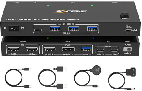 4K@60Hz USB C HDMI DP KVM Switch 1 PC 1 Laptop Sharing 2 Monitors and 4 USB 3.0 Ports, PD 60W for Laptops, Dual Monitor KVM Switches with Cable Remote Control and USB Cable