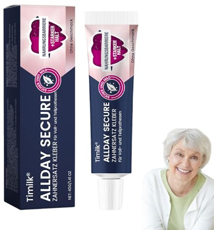 Timilk Allday Secure Zahnersatz Kleber, Timilk Haftcreme, prothesenkleber Extra Stark, Zahnprothesenkleber Für Zahnprothesen Schnelle, Ganztägiger Halt für Ober-Unter-Oder Teilprothesen (1)