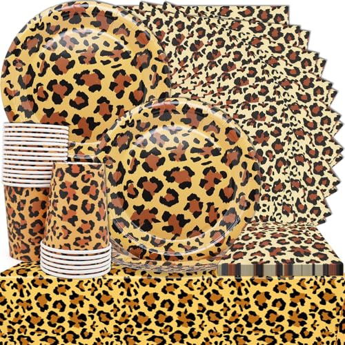 Huaxintoys 61 Pièces Vaisselle de Fête Léopard Anniversaire, Vaisselle à motif léopard, Thème animal, Assiettes en Papier Serviettes Tasses pour Fêtes d'anniversaire Décorations