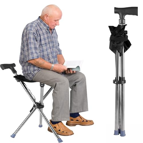 Portable Folding Walking Stick Seat, Adjustable Cane Chair Stool with Anti-slip Tips in Stainless Steel and Rubber Construction, Apricot/Black, 150kg Load Capacity (Black)
