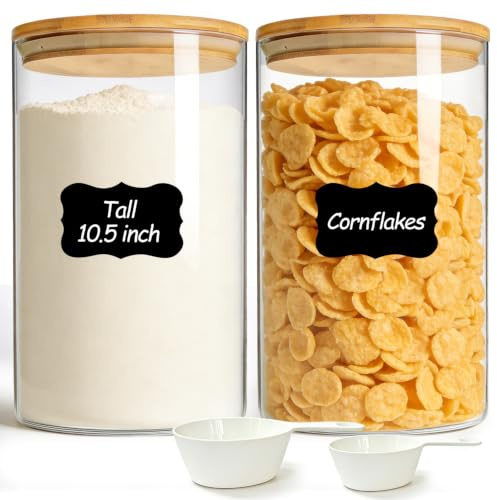 ComSaf förvaringsburkar i glas med bambulock, 3,8 L, 2-pack | kompakt rund form, ris, mjöl, spannmål, nötter, smidig förvaring, ordnad förvaring, för skafferi och kök