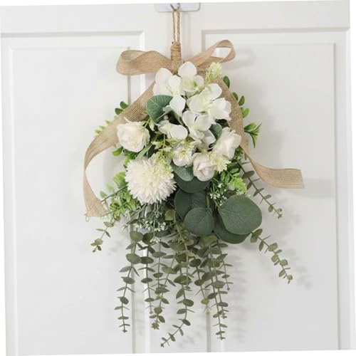 Teardrop Wreath, Large Floral Swag - Artificial White Eucalyptus and Chrysanthemum Hanging Bouquet for Front Door, Wall, and Wedding Decor