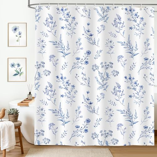 hometrixx Boho Vintage Duschvorhang Blau Aquarell Blumen Retro 180x200cm | Wasserdicht Polyester, Maschinenwaschbar, Badevorhänge mit 12 Ringe, Schimmelresistent Badezimmervorhang für Dusche Bad