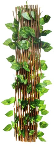 Treillis Extensible en Bois Naturel avec des Feuilles artificielles - Longueur 300 x Largeur 60 cm