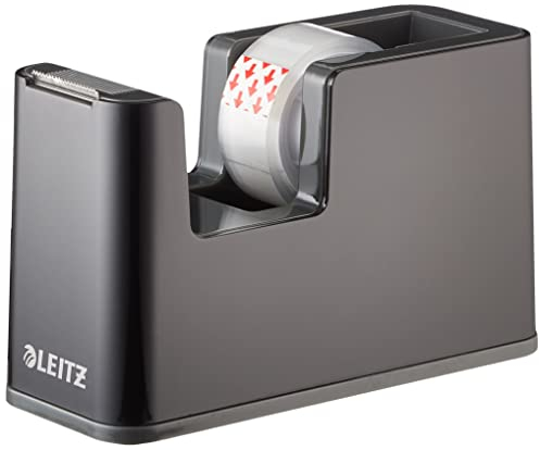 LEITZ WOW Dispenser per nastro adesivo Dual Color, Base Appesantita, Nastro adesivo da 10 mt incluso, Nero, 53640095