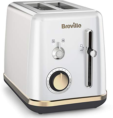 Breville tostador de 2 rebanadas con bandeja para calentar bollería, colección Mostra, color plateado Moonshine Silver con detalles dorados [VTT935X]