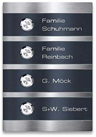 Metzler Moderne Edelstahl Türklingel Magneto - Inklusive Gravur & LED Taster - Anthrazit RAL7016 - Austauschbare Namensschilder - 4-fach