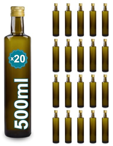 Espirito Rebelde Pack 20 Botellas de Cristal Oscuro 500 ml Línea Lotus con Tapas Metálicas – Aceite, Vinagre, Licores y Zumos | Botella Reutilizable