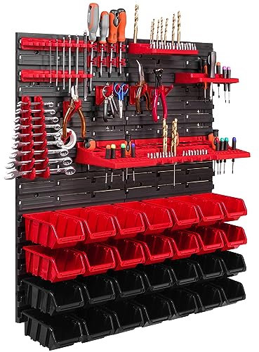 Systeme de rangement mural de garage 78 x 78 cm, 28 boites de rangement bacs a bec rouges noir, etagere outils, tableaux murales, panneau porte outils, etagere extensible, atelier, banc de travail