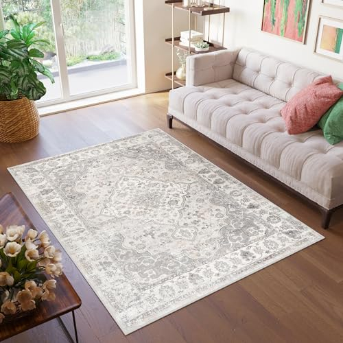 TAPISO Valley Teppich Kurzflor Hellgrau Grau Vintage Rosette Ornamental Meliert Used Effekt Wohnzimmer Schlafzimmer ÖKO-TEX 200 x 300 cm