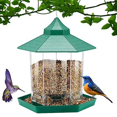 COZHYESS Bird Feeder, Hanging Wild Bird Seed Feeder Rainproof, Plastic Large Capacity Bird Seed Feeding Station with tray for Outdoor Patio Backyard Garden Decoration (green)