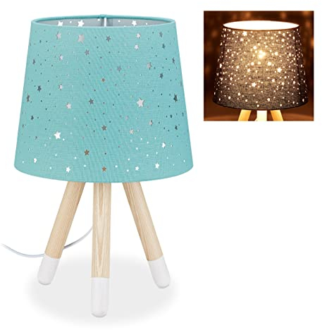 Relaxdays Tischlampe Kinderzimmer, Nachttischlampe Sterne, Jungen & Mädchen, E14, runder Stoffschirm, 40 cm hoch, mint
