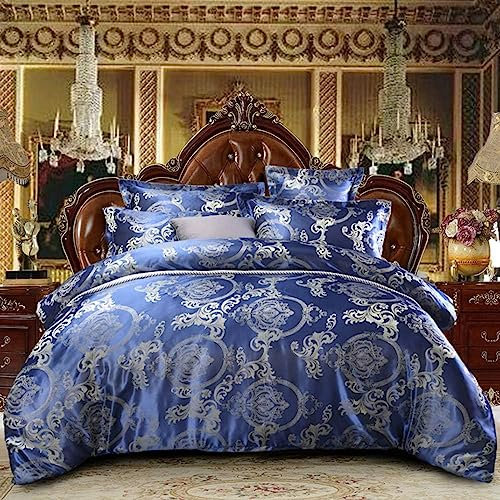 DXHOME Seiden Bettwäsche 200x220cm Set Graue Blaue Jacquard Satin Blau Grau Bettbezug Set Stickerei Blumenmuster Wendebettwäsche Set Microfaser Luxuriös Modern Deckenbezug Kopfkissenbezug 80x80 cm