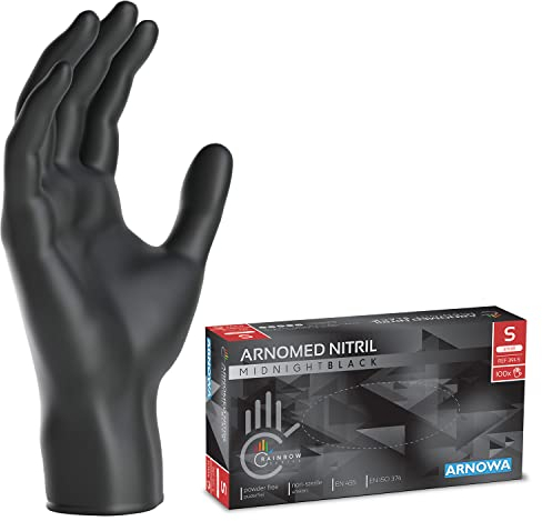 100x ARNOMED® Gants en nitrile taille S Noir, Gants à usage unique pour chirurgie & laboratoire, Gants en nitrile sans poudre et sans latex, Moufles en nitrile en XS, S, M, L, XL, XXL