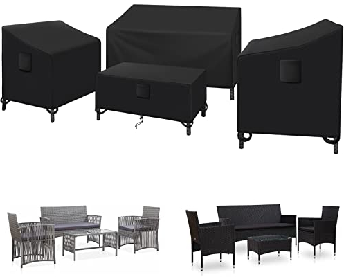 Kovshuiwe 4-Piece Outdoor Veranda Patio Garden Furniture Covers Set, Waterproof Upgraded 420D Heavy Duty Oxford Fabric Rattan Furniture Cover for Chair Sofa(Black)