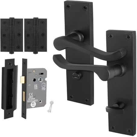 EAI Matt Black Door Handles with Bathroom Lock 64mm and Hinges | Complete Bathroom Kit with 1 Pair of Victorian Scroll Lever Door Handles, 64mm Bathroom Lock, Hinges, Fixings Included