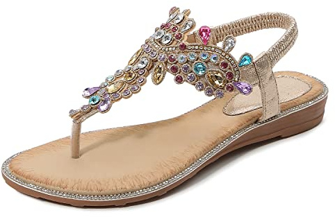 iCKER Women's Flat Sandals Ladies Thong Flat Sandals Bohemian Beaded Strap Sandals Diamante Rhinestone Leather Sandals