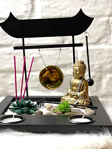 Zen Garten mit Gong auf Platte Deko Set Buddha Teelichthalter mit Räucherstäbchen Figur Deko Buddhismus Entspannungsset in Gold