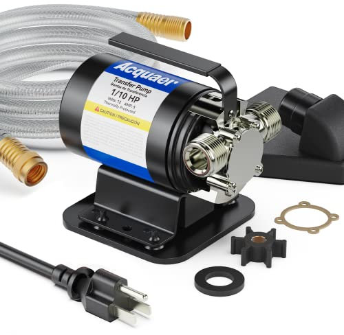 Acquaer - Bomba de transferencia de agua eléctrica portátil de 115 V 1/10 HP con kit de manguera de succión, eliminación de agua de baja succión para camas de agua, piscinas, barril de lluvia,