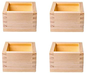 Sake-Becher aus Holz, japanische Tassenbox, 5 Stück, Hinoki-Holz, Zypresse, Sake-Box, Aufbewahrungshalter, unlackiertes Holzgehäuse (4 Stück)